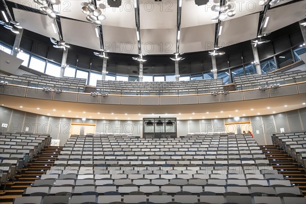 View from the lectern onto rows of seats in an empty lecture theatre, interior view, Department of Mechanical Engineering, Technical University of Munich, TUM, Garching, Bavaria, Germany, Europe