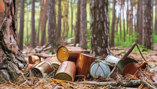 Symbolic photo, a forest of thick tree trunks, many rusty tin cans on the ground, waste, environmental pollution, AI generated, AI generated