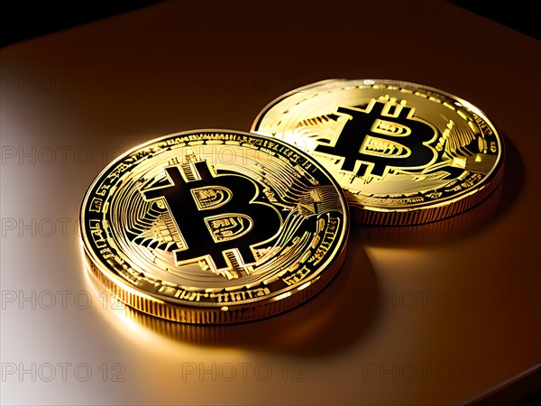 Symbol image for Bitcoin, cryptocurrency, close-up, two golden coins in front of blurred bokeh, AI generated, AI generated, AI generated