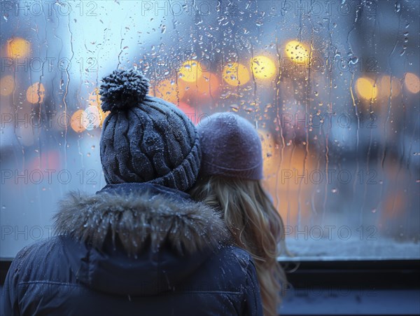 Bad weather, child looks sadly outside through a rainy window pane, AI generated