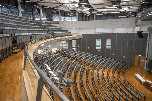 View from the gallery into an empty lecture theatre with rows of seats and lectern, interior photo, Department of Mechanical Engineering, Technical University of Munich, TUM, Garching, Bavaria, Germany, Europe