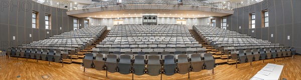 Panorama, view from the lectern to rows of seats in an empty lecture theatre, interior view, Department of Mechanical Engineering, Technical University of Munich, TUM, Garching, Bavaria, Germany, Europe