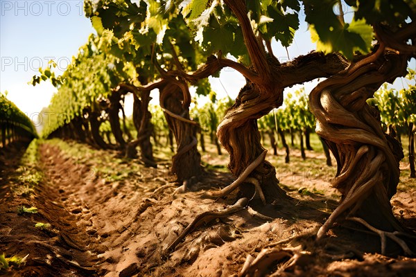 AI generated ancient weather gnarled trunks twisting skyward in a storied vineyard decades