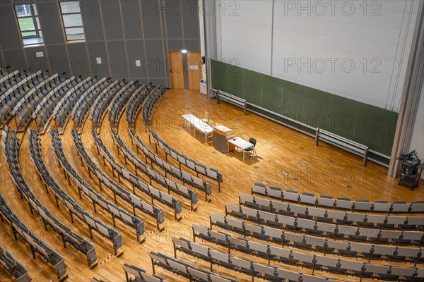 View from above into an empty lecture theatre with rows of seats and lectern, interior photo, Department of Mechanical Engineering, Technical University of Munich, TUM, Garching, Bavaria, Germany, Europe