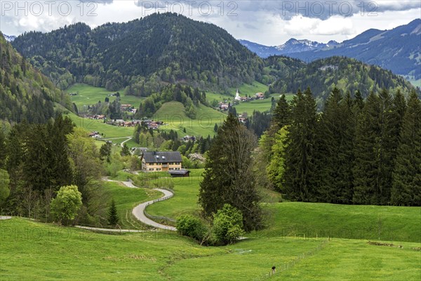 View from the Alpe Dornach to Tiefenbach and the Allgaeu Alps, Oberstdorf, Oberallgaeu, Allgaeu, Bavaria, Germany, Europe