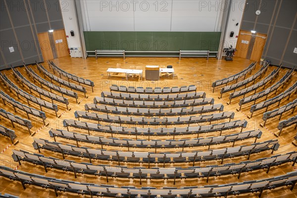 View from above into an empty lecture theatre with rows of seats and lectern, interior photo, Department of Mechanical Engineering, Technical University of Munich, TUM, Garching, Bavaria, Germany, Europe