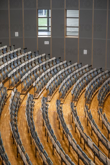 View from above of empty rows of seats in a lecture theatre, interior photo, Department of Mechanical Engineering, Technical University of Munich, TUM, Garching, Bavaria, Germany, Europe