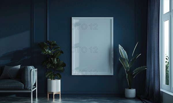 A blank image frame mockup on a dark blue AI generated