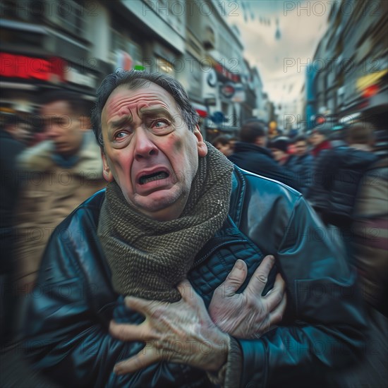 Worried man in the centre of a blurred crowd looks panicked, AI generated