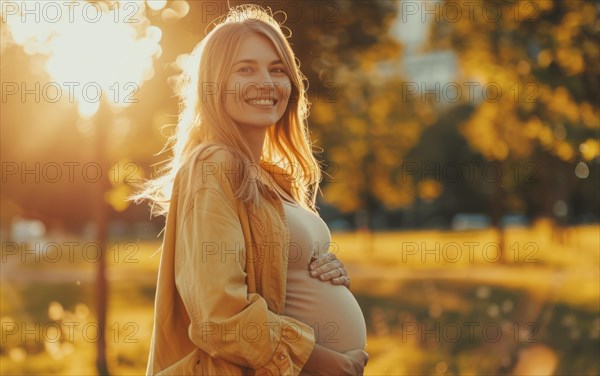 Happy pregnant woman smiling. A concept of motherhood and future family, AI generated