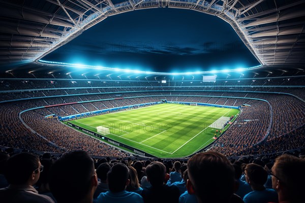 A soccer field with a large crowd of people spectators fans watching the game in evening. The stadium is lit up with bright flood spotlights ready for a match game, AI generated