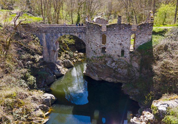 Partially destroyed old stone bridge over a river, surrounded by lush greenery, Bridge of the Devil, Pont de Diable, Romanesque stone bridge, Ariege River, Montoulieu, Ariege, France, Europe