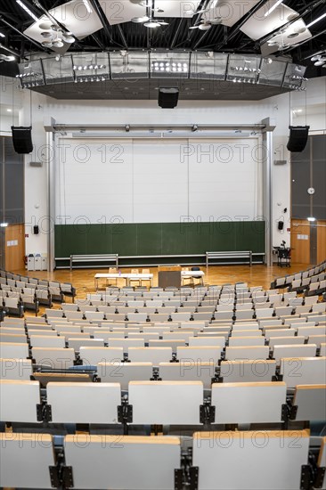 View from the rows of seats into an empty lecture theatre, interior photo, Department of Mechanical Engineering, Technical University of Munich, TUM, Garching, Bavaria, Germany, Europe