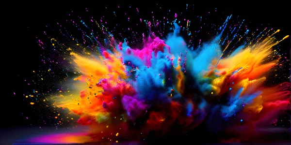 Rainbow-colored holi powder explosively dispersing against a black background, AI generated