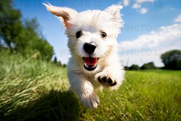 Playful white puppy with fluffy fur is captured mid-run, running playing enjoying a sunny day outdoors, AI generated