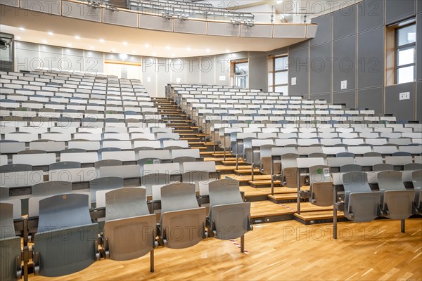 Rows of seats in an empty lecture theatre, interior photo, Department of Mechanical Engineering, Technical University of Munich, TUM, Garching, Bavaria, Germany, Europe