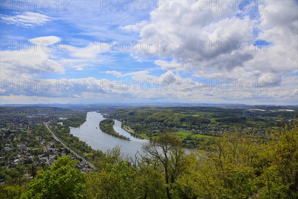 View from the Drachenfels, mountain in the Siebengebirge to the Rhine with Nennenwerth Island between Koenigswinter and Bad Honnef, North Rhine-Westphalia, Germany, Europe