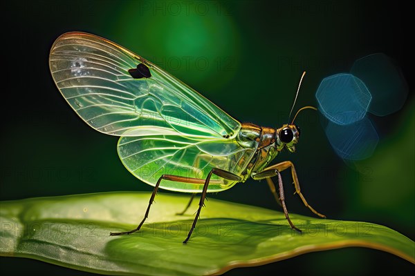 Glass winged bug on a green leave, AI generated