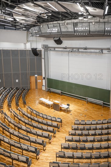 View from above into an empty lecture theatre with rows of seats and lectern, interior photo, Department of Mechanical Engineering, Technical University of Munich, TUM, Garching, Bavaria, Germany, Europe