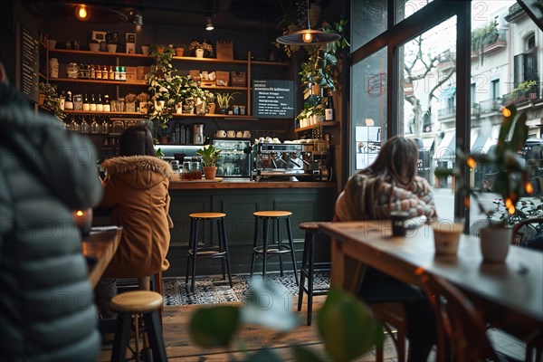 Warm and inviting cafe interior with customers enjoying the ambiance, AI generated