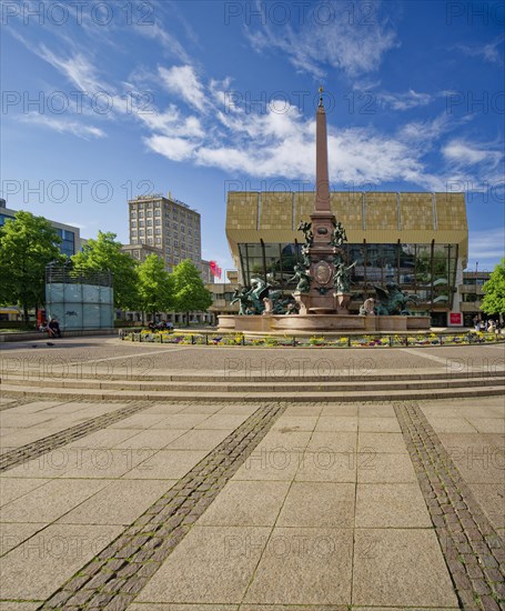 Gewandhaus, Mendebrunnen and Europa-Haus on Augustusplatz, Leipzig, Saxony, Germany, Europe