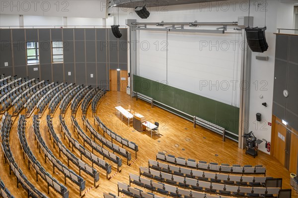 View from above into an empty lecture theatre with rows of seats and lectern, interior photo, Department of Mechanical Engineering, Technical University of Munich, TUM, Garching, Bavaria, Germany, Europe