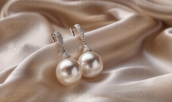 Pair of pearl drop earrings delicately arranged on a smooth satin material background AI generated