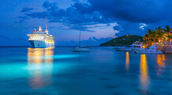 A large cruise ship docked near popular vacation resort. The scene is serene and relaxing, with the ship providing a sense of adventure, AI generated