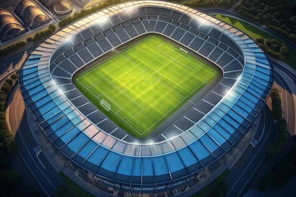 Aerial bird eye top view of a soccer football field stadium, AI generated