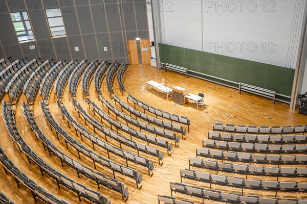 View from above into an empty lecture theatre with rows of seats and lectern, interior photo, Department of Mechanical Engineering, Technical University of Munich, TUM, Garching, Bavaria, Germany, Europe