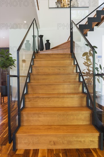 Black powder coated steel L-shaped staircase with stained and varnished wooden steps and tempered glass handrail inside contemporary home with acacia wood flooring, Quebec, Canada, North America