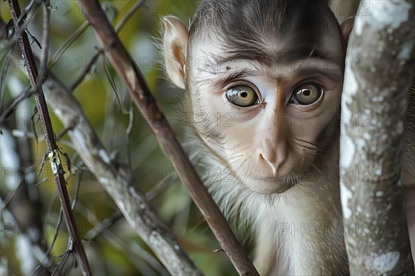 Imaginary monkey with human face and eyes, AI generated