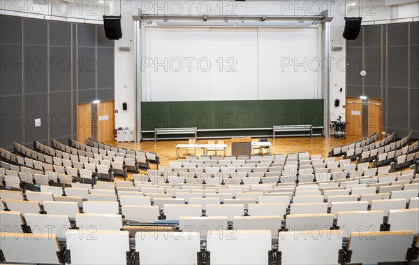 View from the rows of seats into an empty lecture theatre, interior photo, Department of Mechanical Engineering, Technical University of Munich, TUM, Garching, Bavaria, Germany, Europe