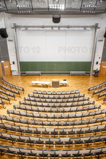 View from above into an empty lecture theatre with rows of seats and lectern, interior photo, Department of Mechanical Engineering, Technical University of Munich, TUM, Garching, Bavaria, Germany, Europe