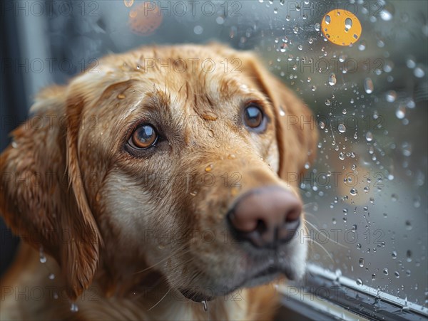 Bad weather, dog and cat looking sadly outside through a rainy window pane, AI generated