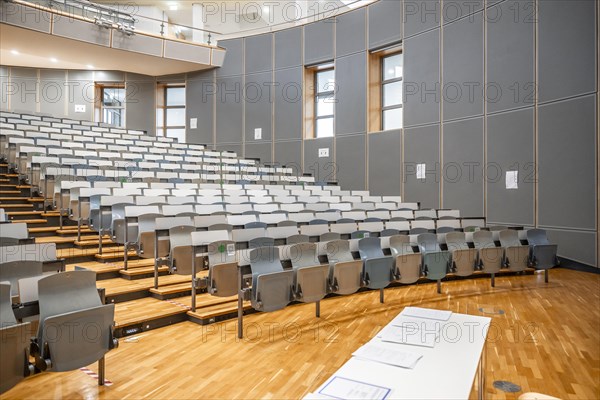 Rows of seats in an empty lecture theatre, interior photo, Department of Mechanical Engineering, Technical University of Munich, TUM, Garching, Bavaria, Germany, Europe