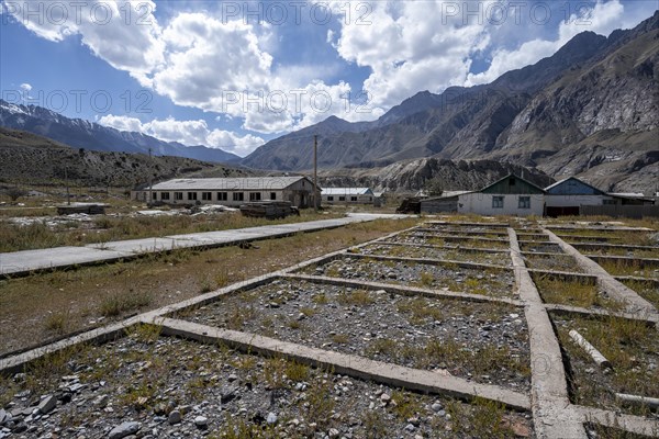 Foundation walls of destroyed houses, ghost town, Engilchek, Tian Shan, Kyrgyzstan, Asia