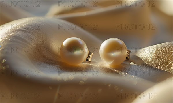 Pair of pearl drop earrings delicately arranged on a smooth satin material background AI generated