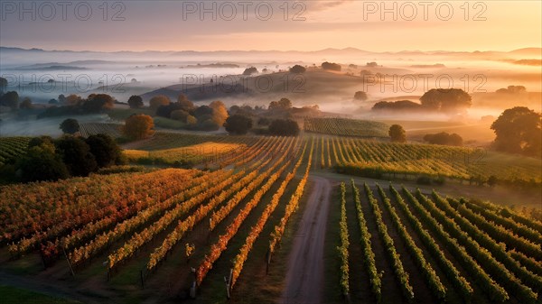 AI generated aerial view of a vineyard in autumn bathed in sunrise