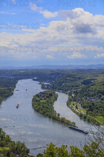 View from the Drachenfels, mountain in the Siebengebirge to the Rhine with Nennenwerth Island between Koenigswinter and Bad Honnef, North Rhine-Westphalia, Germany, Europe