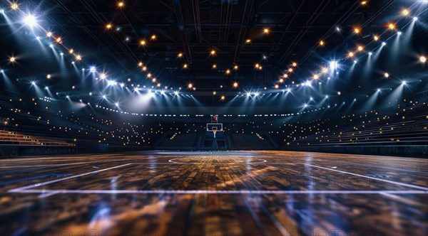 Sport arena before the game. The basketball court is empty and lit up with bright lights, AI generated