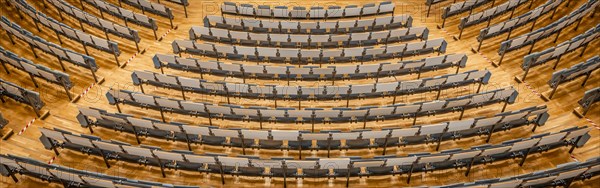 View from above into an empty lecture theatre with rows of seats, interior view, Department of Mechanical Engineering, Technical University of Munich, TUM, Garching, Bavaria, Germany, Europe