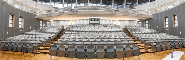 Panorama, view from the lectern to rows of seats in an empty lecture theatre, interior view, Department of Mechanical Engineering, Technical University of Munich, TUM, Garching, Bavaria, Germany, Europe