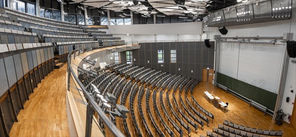 View from the gallery into an empty lecture theatre with rows of seats and lectern, interior photo, Department of Mechanical Engineering, Technical University of Munich, TUM, Garching, Bavaria, Germany, Europe