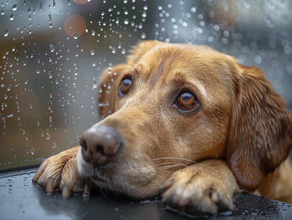 Bad weather, dog and cat looking sadly outside through a rainy window pane, AI generated