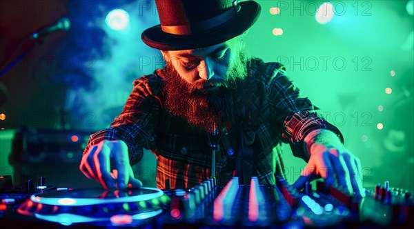 DJ is playing modern electronic music at a popular nightclub, AI generated