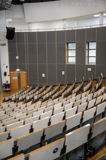 Rows of seats in an empty lecture theatre, interior photo, Department of Mechanical Engineering, Technical University of Munich, TUM, Garching, Bavaria, Germany, Europe