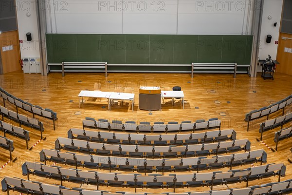 View from above into an empty lecture theatre with rows of seats and lectern, interior photo, Department of Mechanical Engineering, Technical University of Munich, TUM, Garching, Bavaria, Germany, Europe