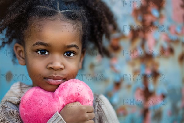 Young black girl child holding pink plush heart. KI generiert, generiert, AI generated