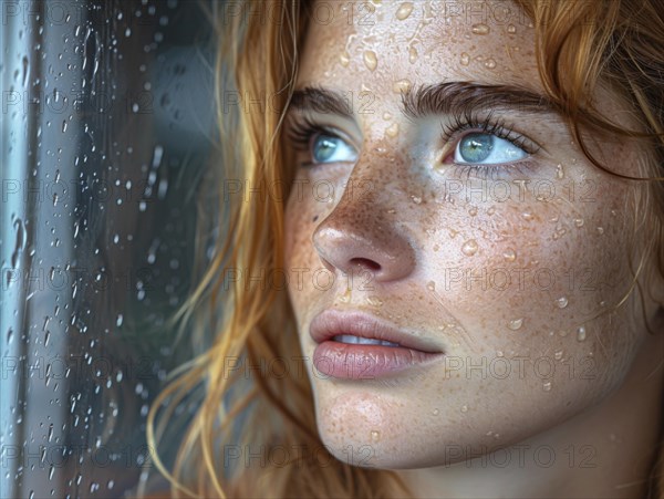 Bad weather, a woman looks sadly outside through a rainy window pane, AI generated